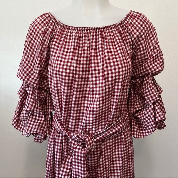 Zara Gingham Viscose Dress with Ruffled Sleeves Red and White Sz XS - Picture 3 of 8